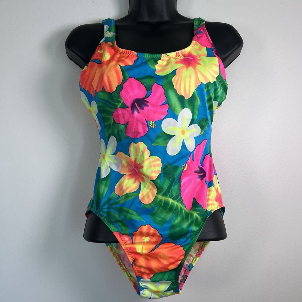 Kathy Ireland Vintage 1990s Neon Floral Tropical Swimsuit - 11/12